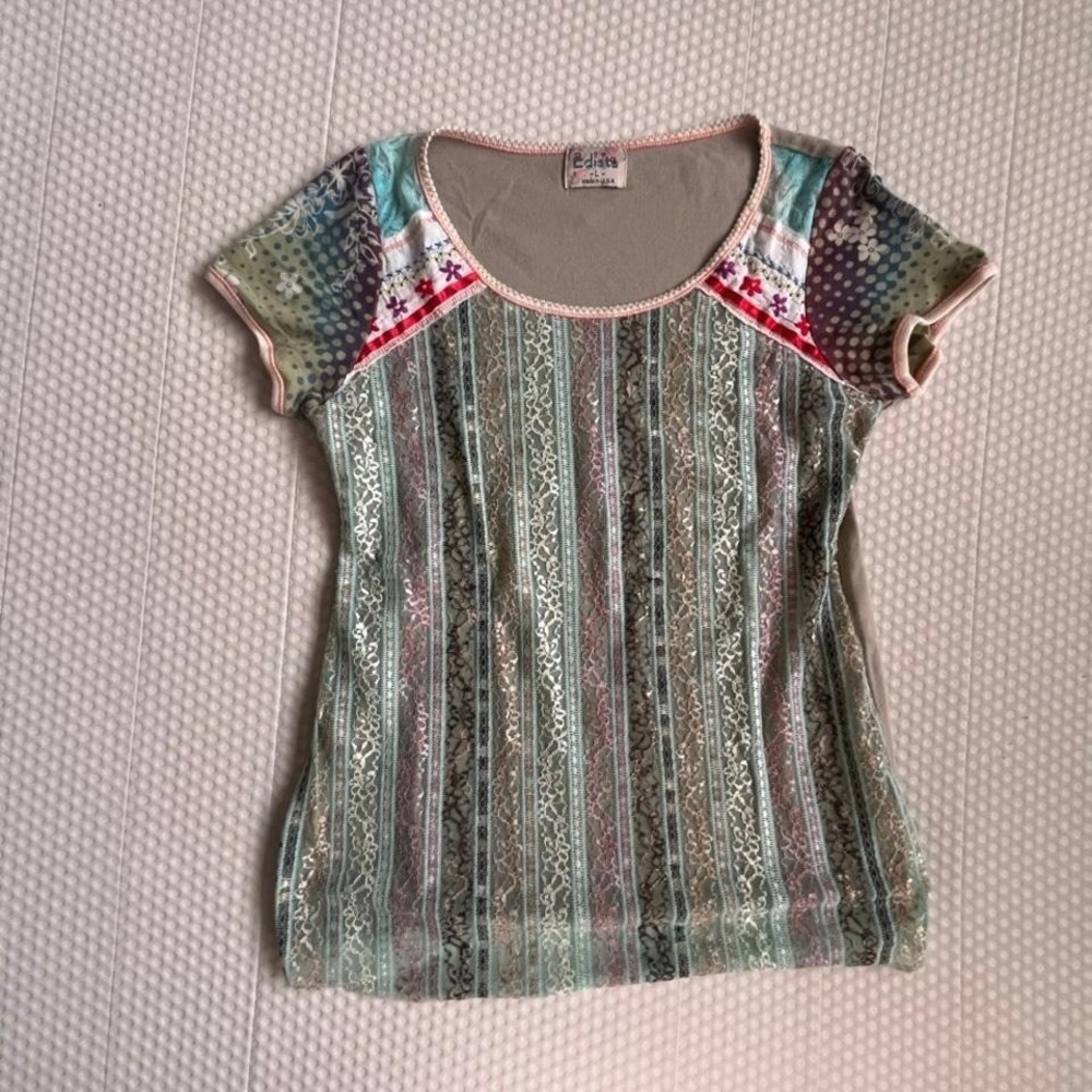 Vintage Edista patchwork lace overlay tee size L 90s fairycore cottagecore boho - Picture 4 of 7